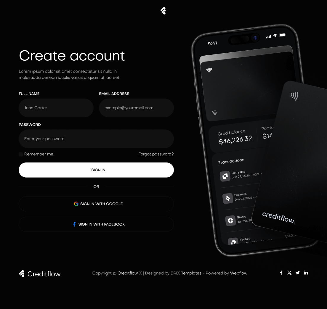 Creditflow - Sign Up Utility Page - Bank Webflow Template | BRIX Templates
