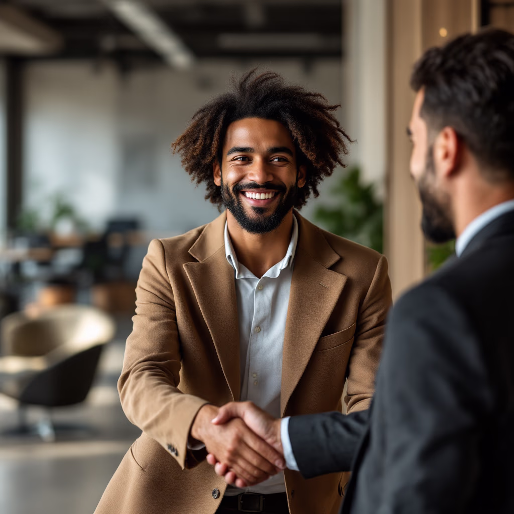 [headshot] image of satisfied customer shaking hands with company representative (for a fintech company)