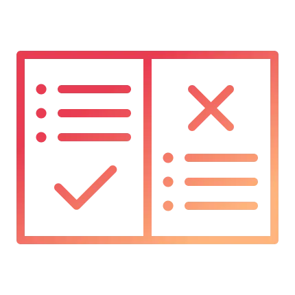 Two-panel checklist icon with a checkmark on the left and an X mark on the right, both with bullet-point lists above.