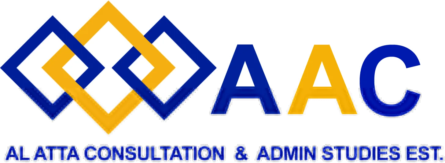 Logo with three interlocking diamond shapes in blue and yellow followed by the letters AAC and the text 'AL ATTA CONSULTATION & ADMIN STUDIES EST.'