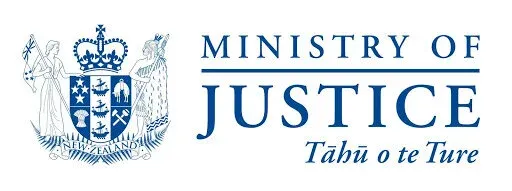 Logo of the New Zealand Ministry of Justice featuring the coat of arms with two figures and the text 'Ministry of Justice Tāhū o te Ture'.