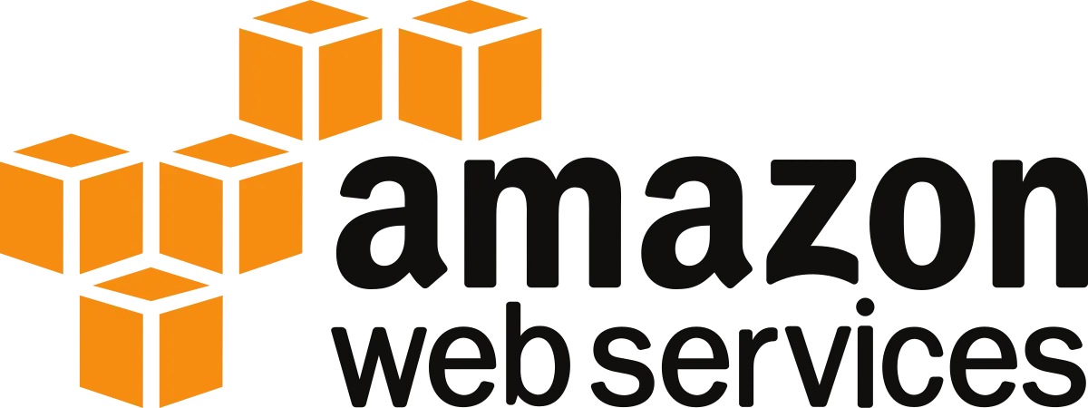 Amazon Web Services logo with three orange cubes stacked in a triangular pattern to the left of black text.