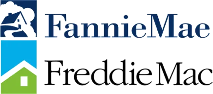 Logos of Fannie Mae and Freddie Mac, with blue house icon for Fannie Mae and green house icon for Freddie Mac.