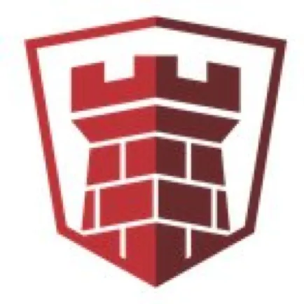 Red shield emblem featuring a stylized castle rook tower made of bricks.