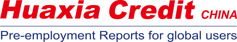 Huaxia Credit China logo in red with tagline 'Pre-employment Reports for global users' in blue below a horizontal line.