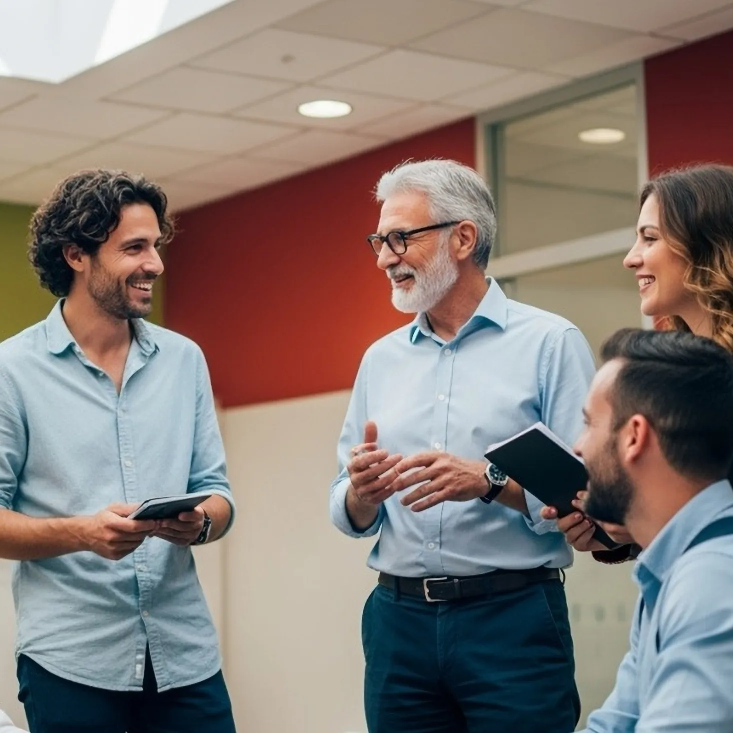 Four colleagues in a modern office having a friendly discussion, two holding notebooks and one holding a tablet.