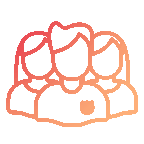 Stylized group of three people icon in gradient red-orange lines.