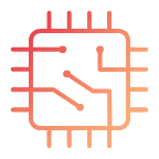 Simplified orange and red icon of a computer microchip with circuit lines.