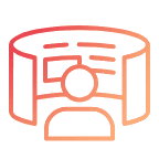 Icon of a person in front of a curved multi-screen display with lines representing data or content.