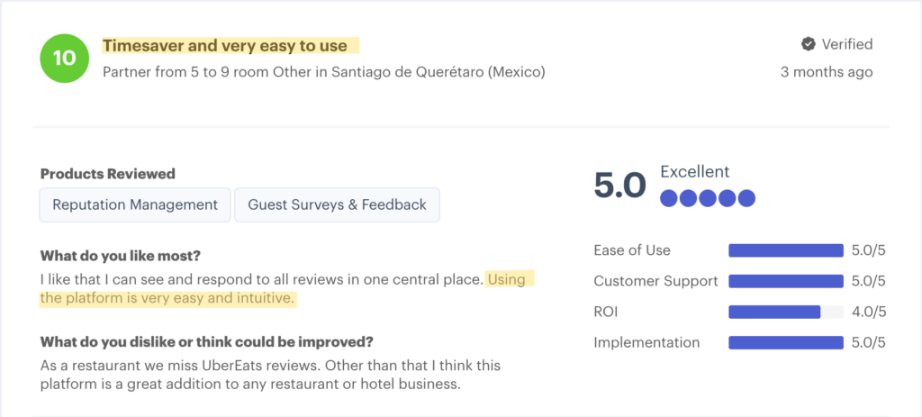 A screenshot of a 10/10 review for Customer Alliance from Hotel Tech Report