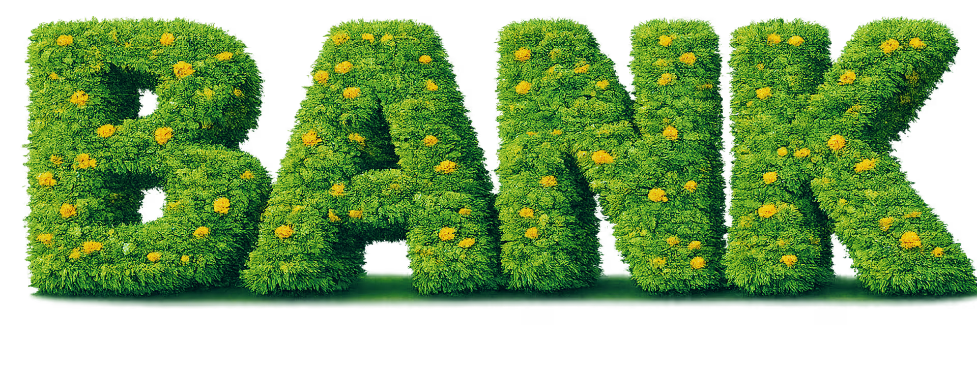 The word 'BANK' made of green grass.