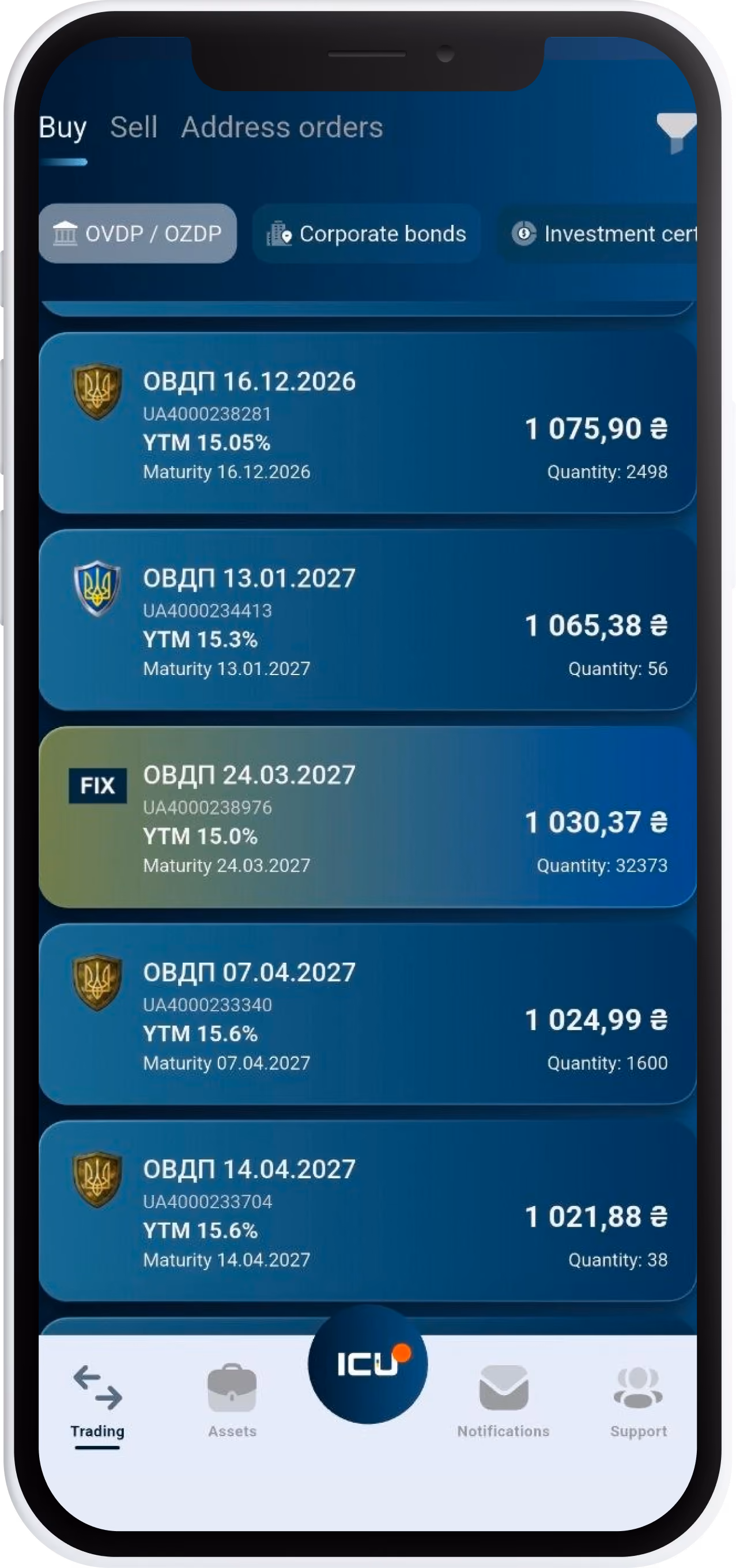 Smartphone displaying the ICU Trade mobile app interface with a list of available government bonds.