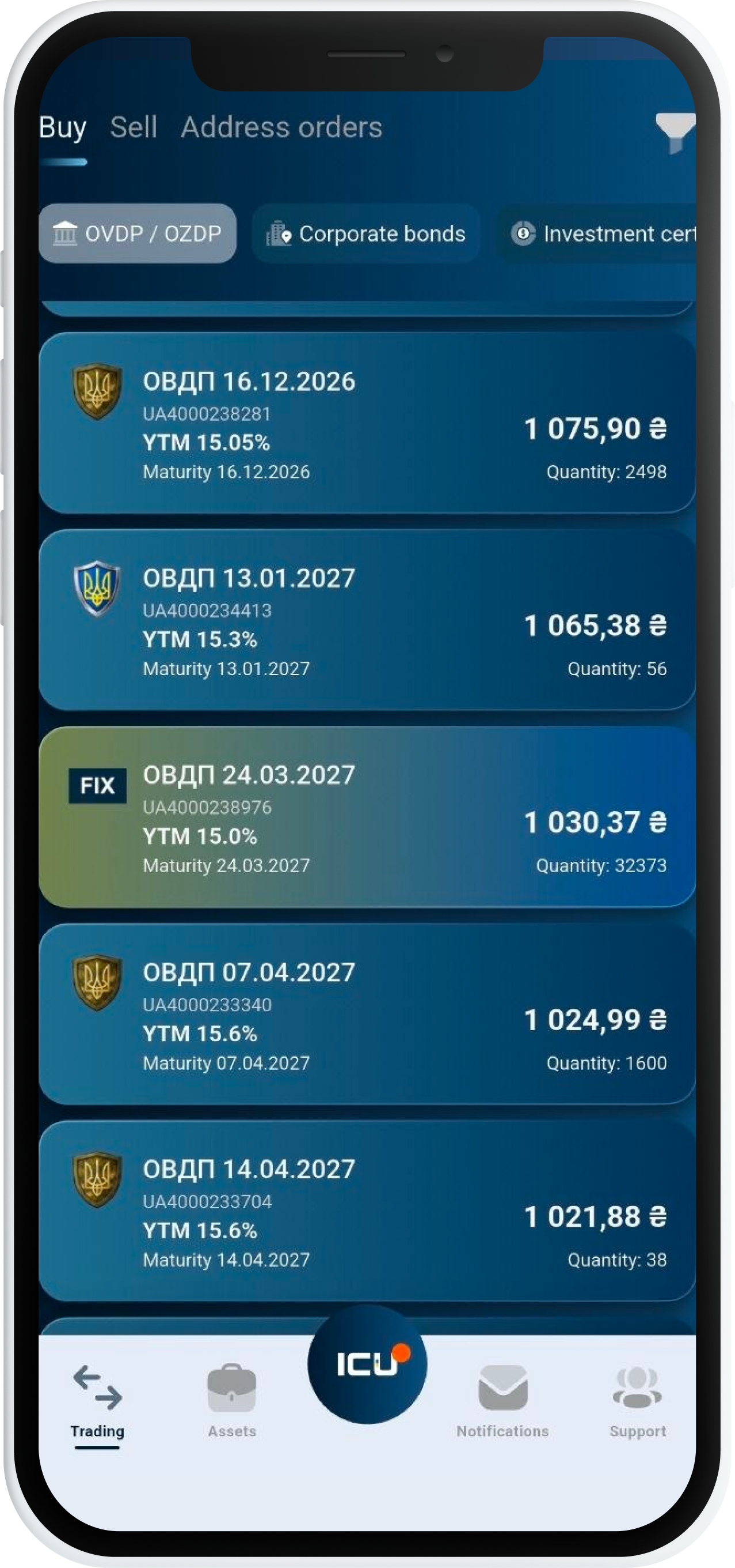 Smartphone displaying the ICU Trade mobile app interface with a list of available government bonds.