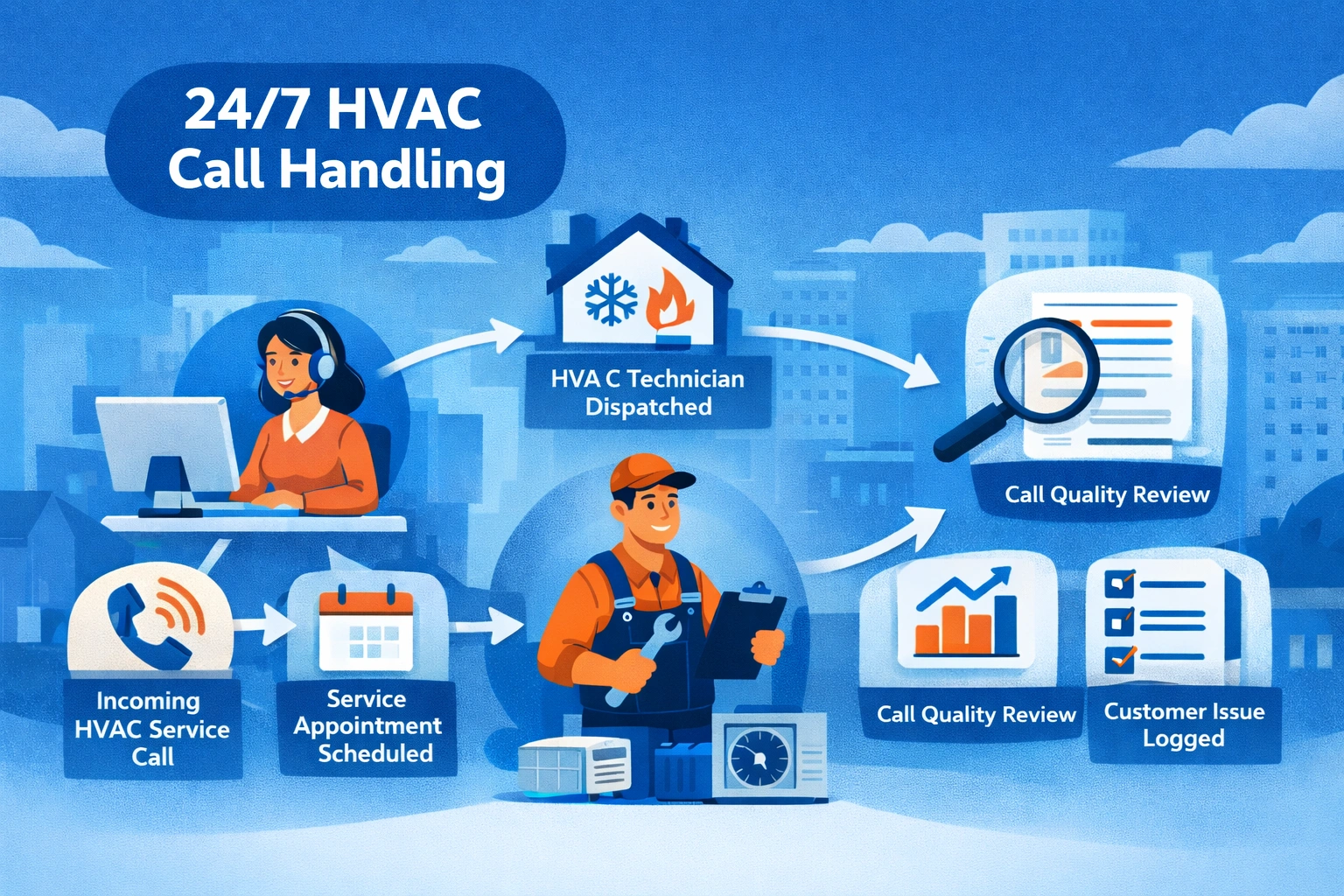 Visual flow of HVAC service calls from intake to resolution