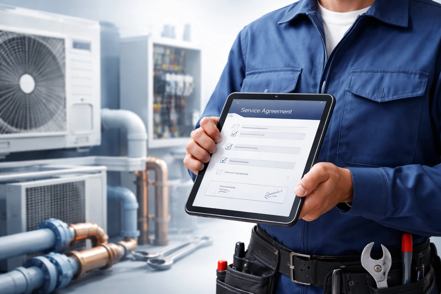 Service agreement template on technician tablet