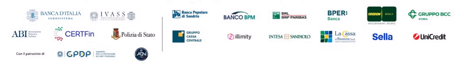 Loghi di istituzioni finanziarie e partner italiani tra cui Banca d'Italia, IVASS, Polizia di Stato, Banca Popolare di Sondrio, Banco BPM, BNL BNP Paribas, BPER Banca, Credem, Gruppo BCC, Intesa Sanpaolo, UniCredit e altri.