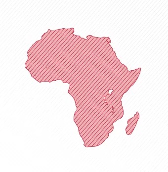 Red diagonal striped outline of the African continent with surrounding islands on a white background.