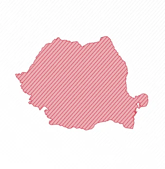 Outline map of Romania filled with diagonal red stripes on a white background.