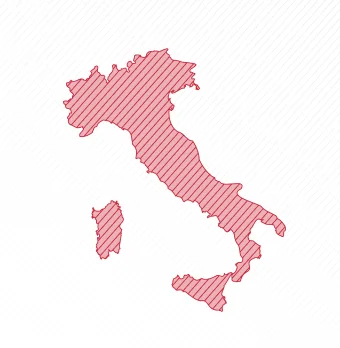 Red striped map outline of Italy including the islands of Sicily and Sardinia.