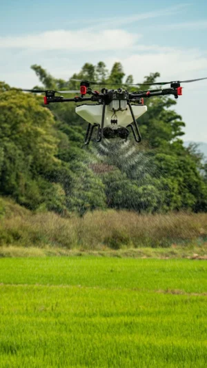 A drone rising above a field in nature.