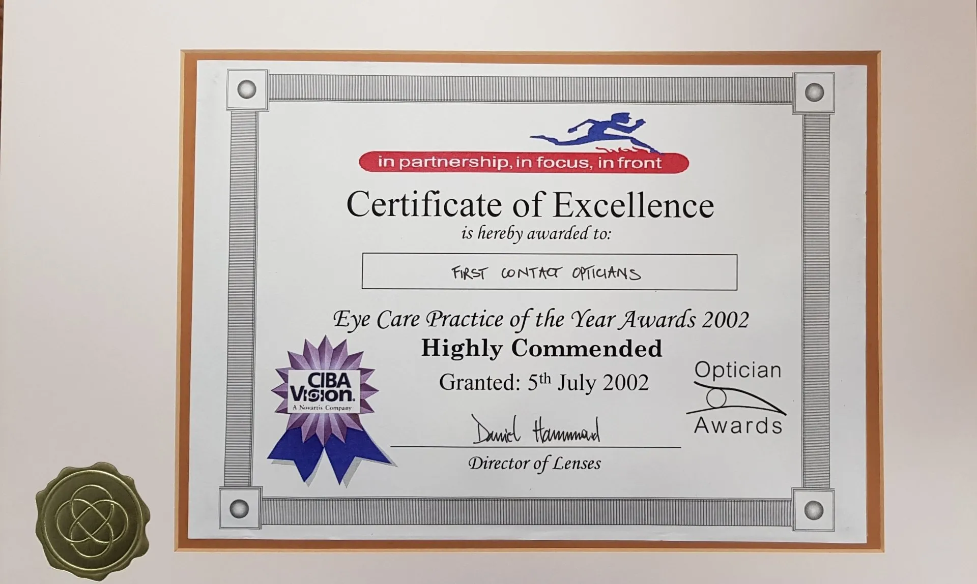 Certificate of Excellence awarded to First Contact Opticians for Eye Care Practice 2002
