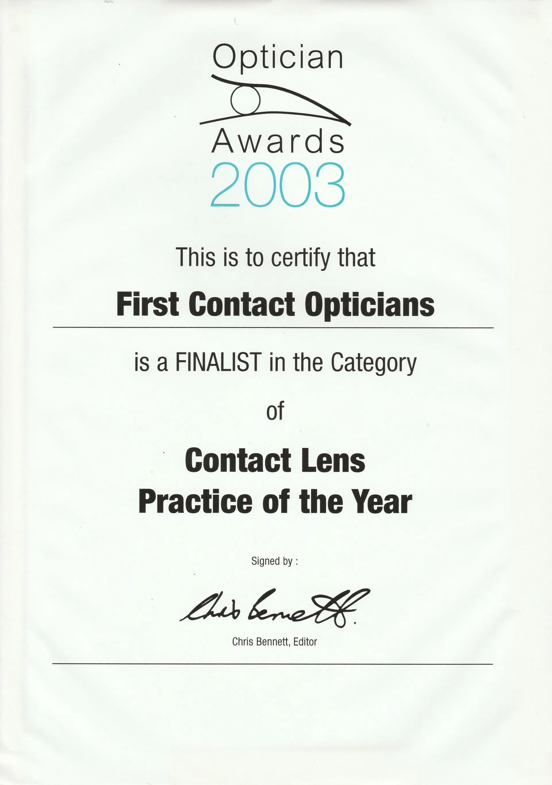Optician Awards 2003 certificate for First Contact Opticians contact lens practice finalist