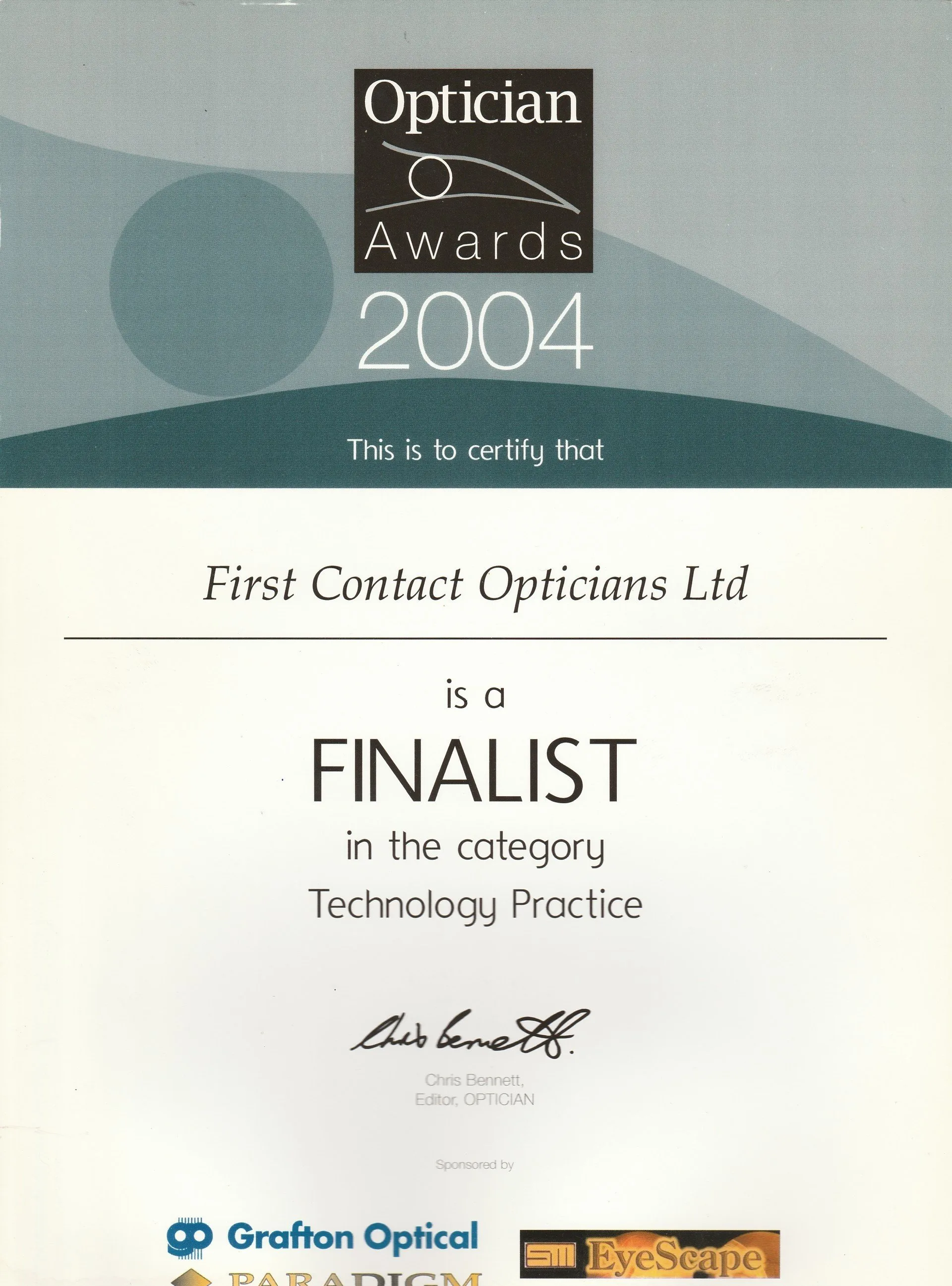 Optician Awards 2004 certificate naming First Contact Opticians Ltd as finalist in Technology Practice category.