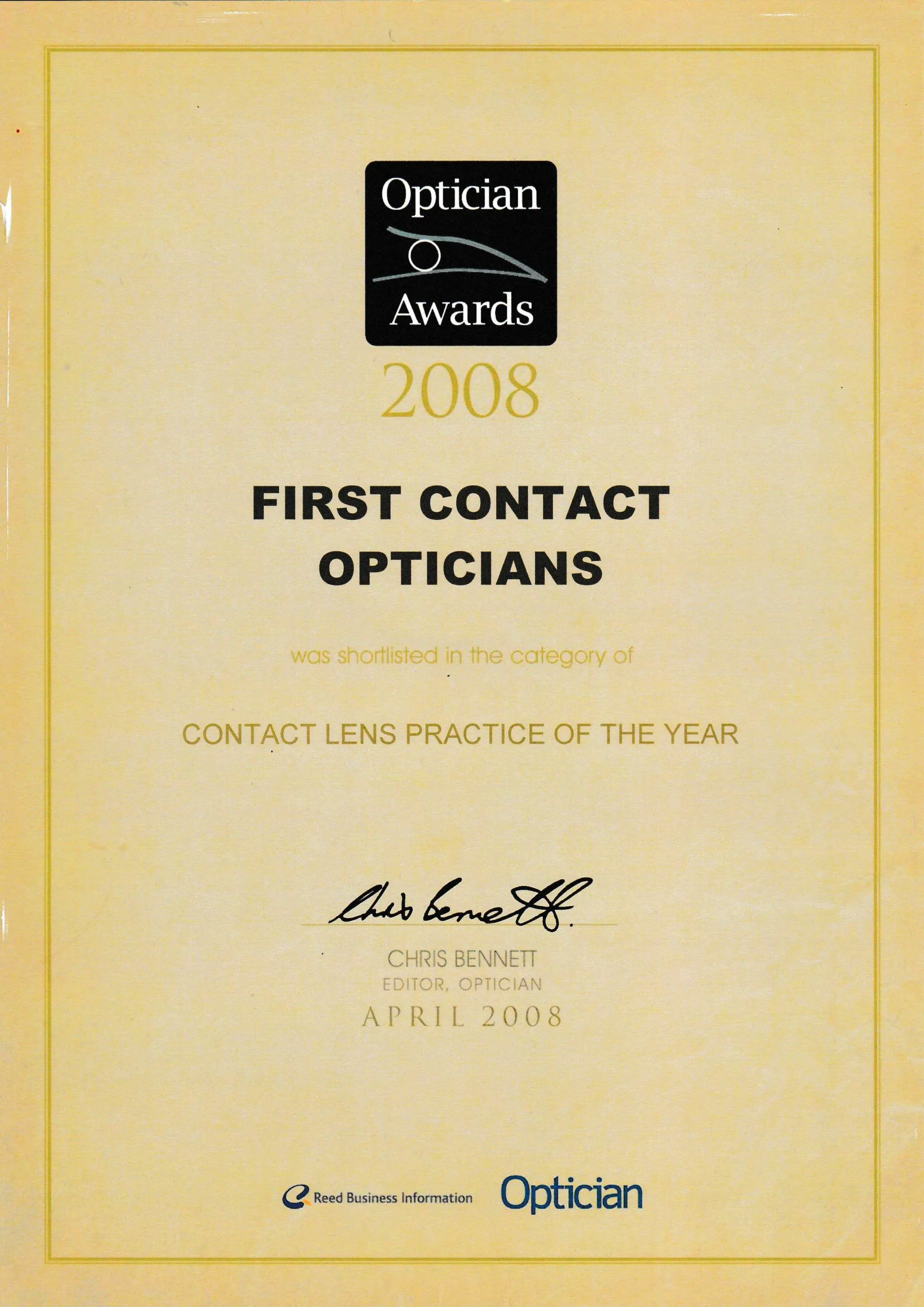 Optician Awards 2008 certificate for First Contact Opticians shortlisted for Contact Lens Practice of the Year
