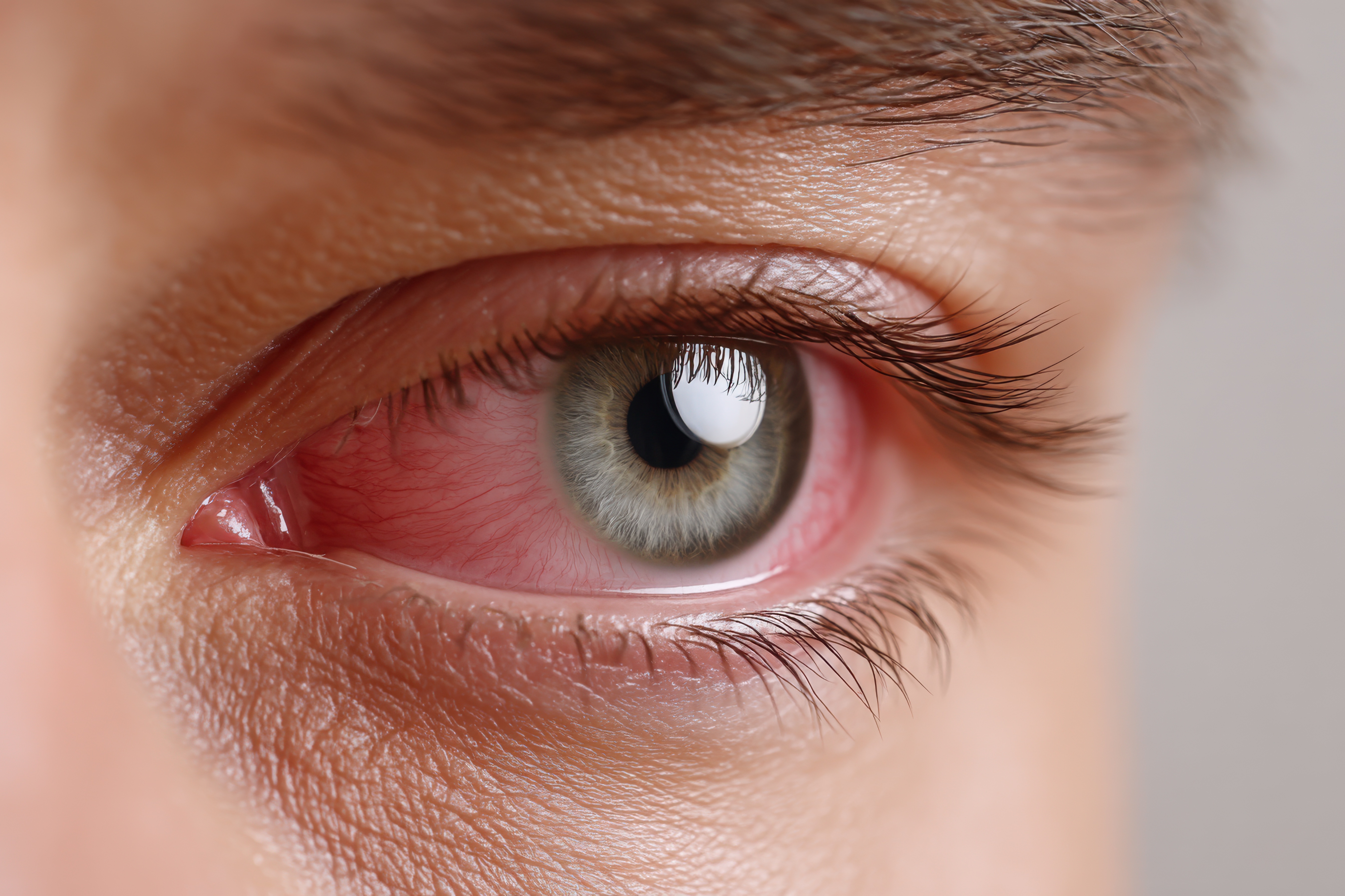 Close-up of inflamed red eye with redness and irritation around the iris