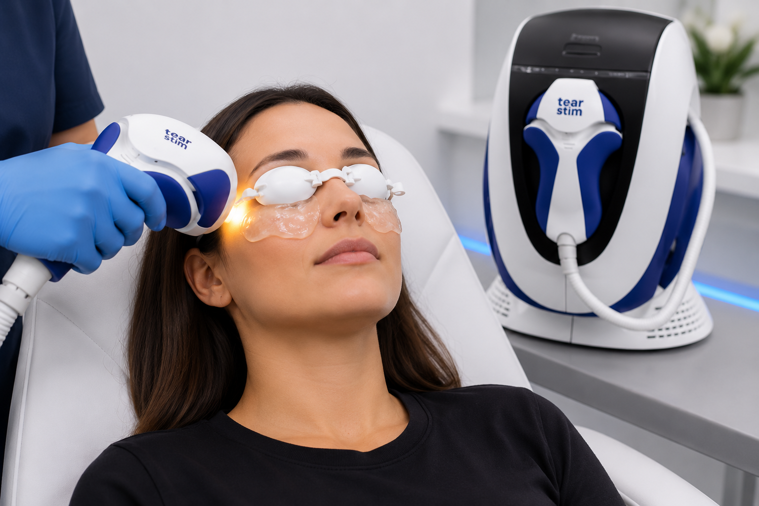 Woman receiving TearStim eye stimulation treatment with laser device in medical clinic