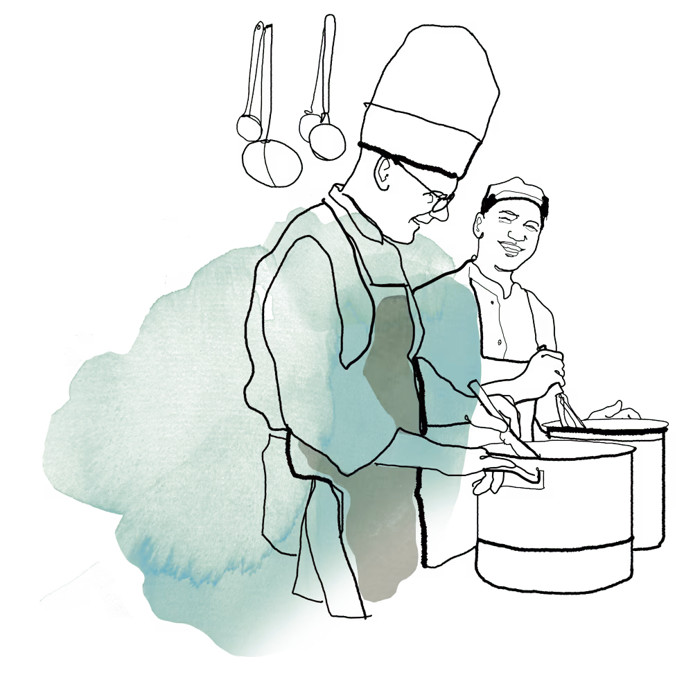 Illustration av två kockar i arbetskläder och höga kockmössor som rör om i stora kastruller på en spis. Köksredskap hänger ovanför, och en mjuk färgskugga i grönt och blått ligger bakom personerna.
