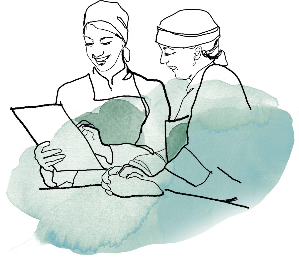 Illustration av två personer i arbetskläder och huvudbonader som står bredvid varandra och tittar på ett dokument de håller i. En mjuk blågrön färgyta ligger bakom figurerna.