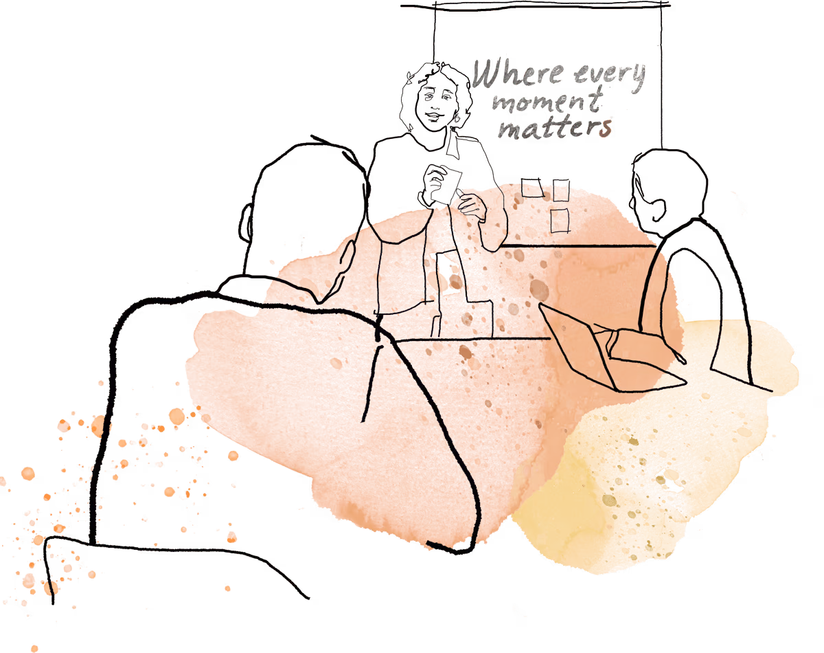 Illustration av tre personer i ett möte där en person står vid en tavla med texten “Where every moment matters” och håller upp ett kort, medan två andra sitter vid ett bord, en med en laptop. Färgade ytor i orange och gult omger scenen.