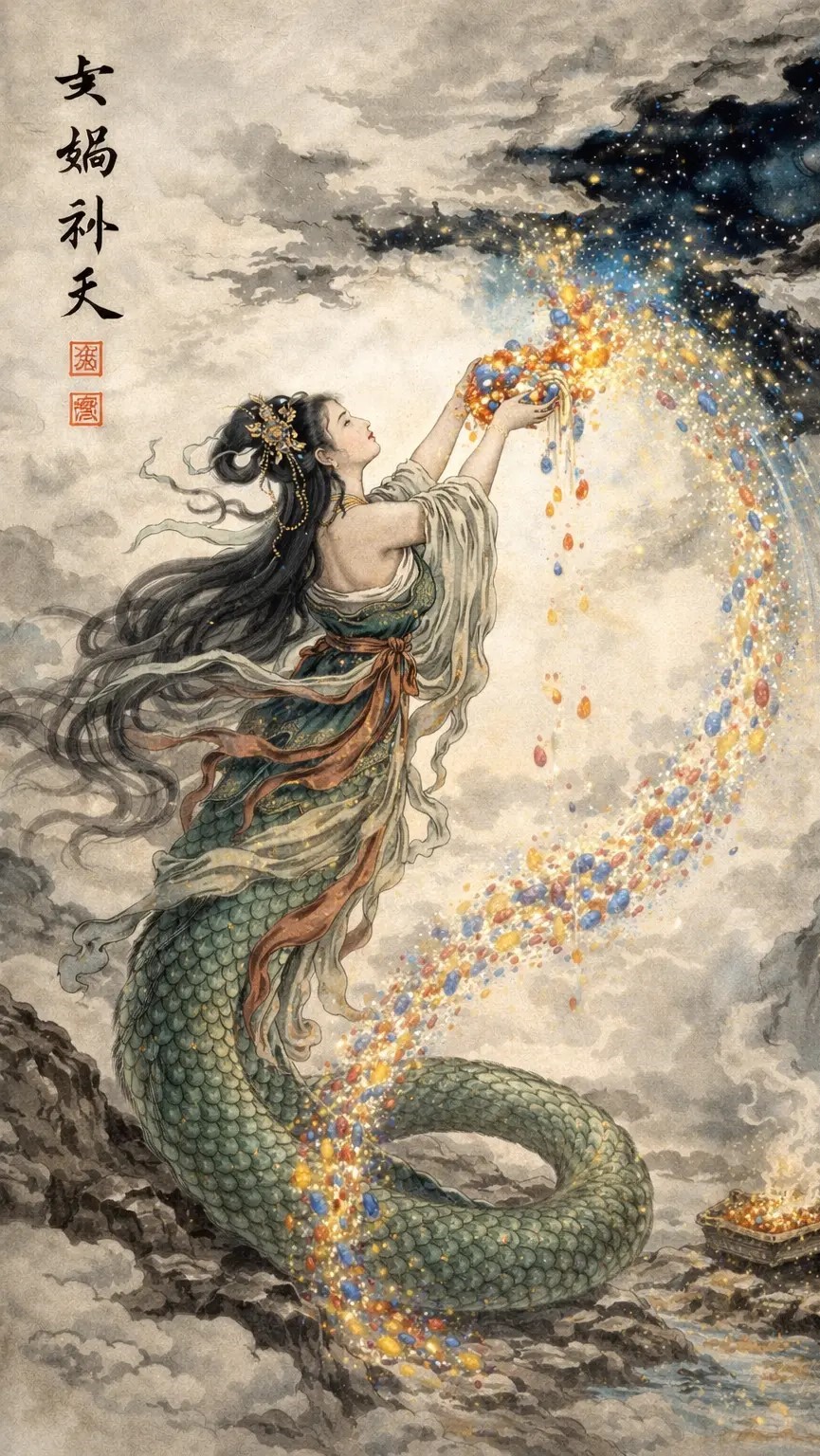 A mythical female goddes with snake lower body with long black hair, wearing an ornate crown and beige and green flowing robe, holding a flow of glowing rocks aloft against a cloudy sky.