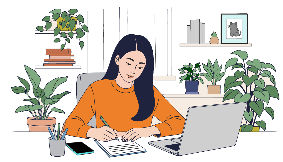 illustration minimaliste d'une femme brune cheveux long penchée sur une page blanche avec un stylo aa la main dans un bureau