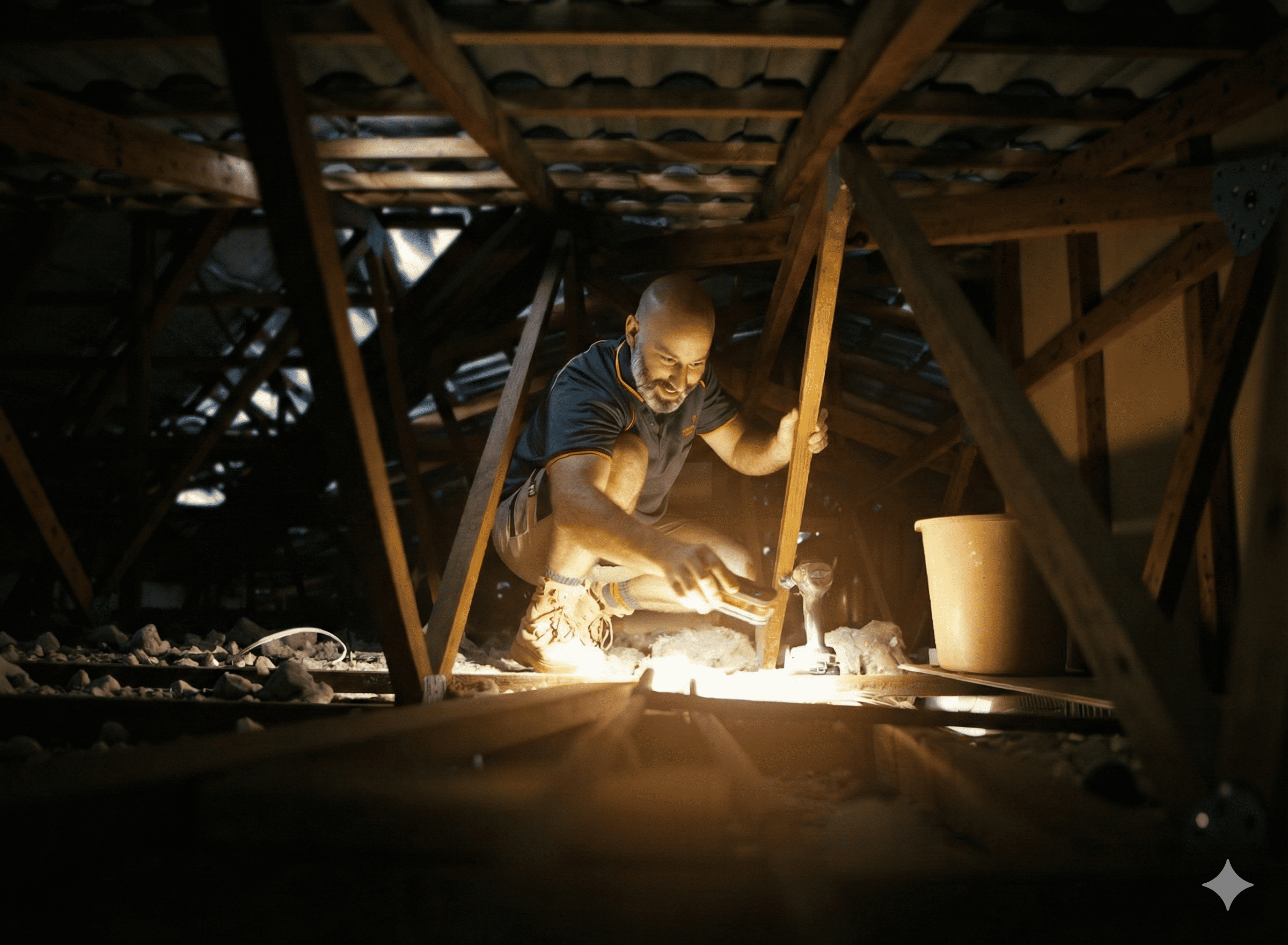 Sydney electrician inspecting ceiling wirring while crouched and shining flashlight in a dimly lit space.