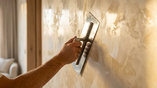 Hand glättet eine beige strukturierte Wand mit einem Flächenspachtel.