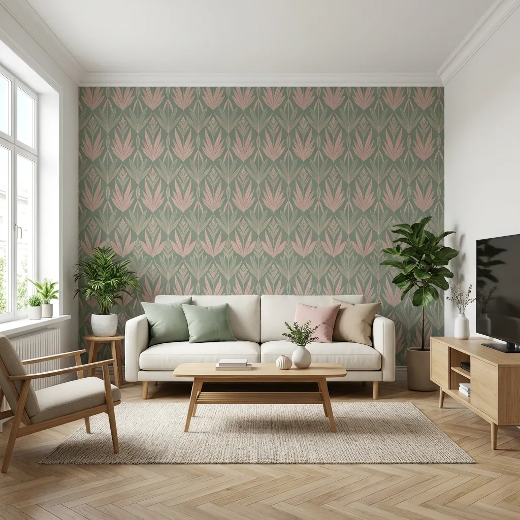 Modernes Wohnzimmer mit hellbeigem Sofa, Pastell-Kissen, gemusteter grüner Tapete, Holz-Couchtisch, Beistelltisch, Sessel und TV-Schrank.