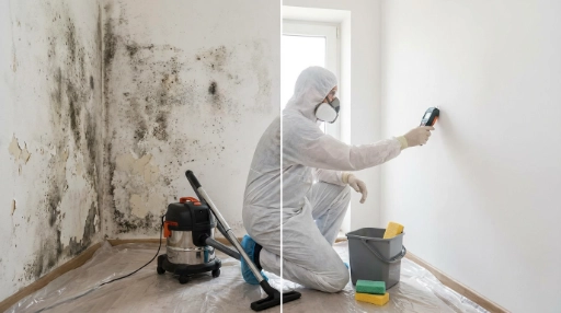 Person in Schutzanzug und Atemmaske entfernt Schimmel von Wand in einem Raum.