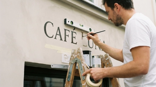 Mann bemalt auf einer Leiter eine Café-Außenwand mit dem Schriftzug 'CAFÉ LORI'.