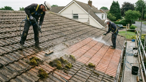 Zwei Arbeiter reinigen ein Dach mit Hochdruckreinigern, ein Teil ist bereits gesäubert, während auf dem anderen noch Moos und Schmutz sind.