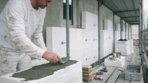 Handwerker trägt weißen Anzug und verputzt Dämmplatten an einer Baustelle.