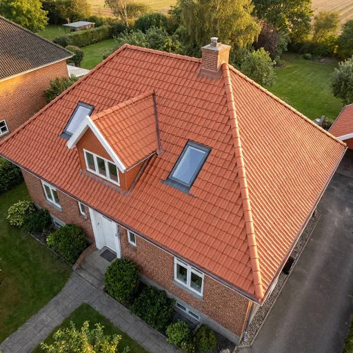 Vogelperspektive auf ein Einfamilienhaus mit rotem Ziegeldach, Dachfenstern, kleinem Dachgeschossfenster und Schornstein, umgeben von Garten und Nachbarhäusern.
