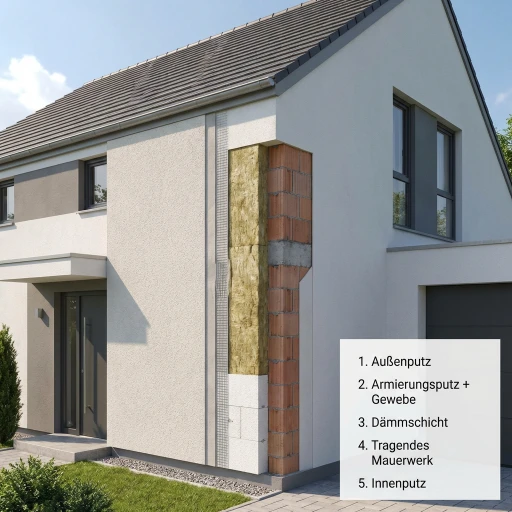 Modern house facade with layered wall insulation exposed, showing exterior plaster, reinforcing plaster with mesh, insulation layer, supporting masonry, and interior plaster.