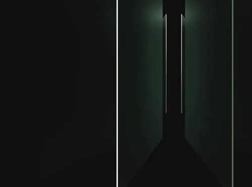 Dimly lit narrow corridor with faint vertical lights creating shadows and depth.