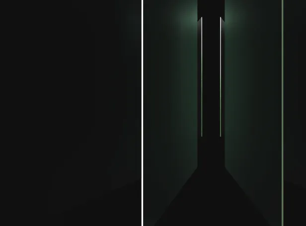 Dimly lit narrow corridor with faint vertical lights creating shadows and depth.