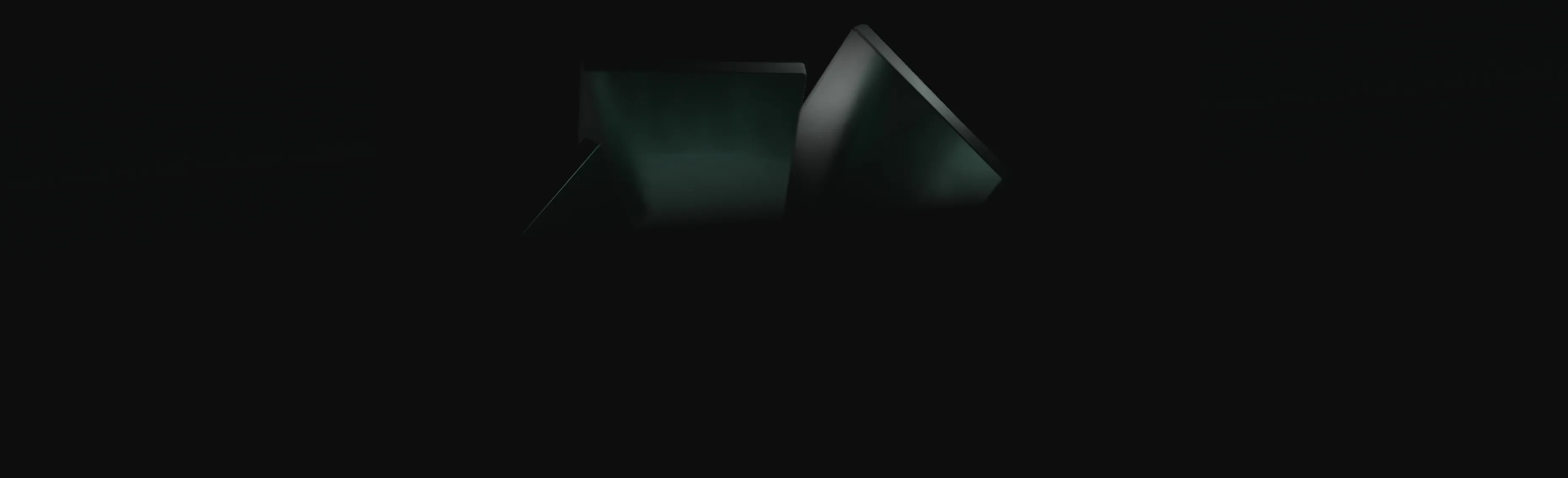 Dark 3D geometric shapes with subtle green lighting on a black background.