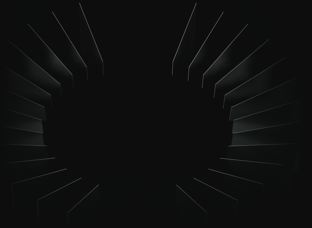 Dark room with angular, stepped walls illuminated by thin lines of light.