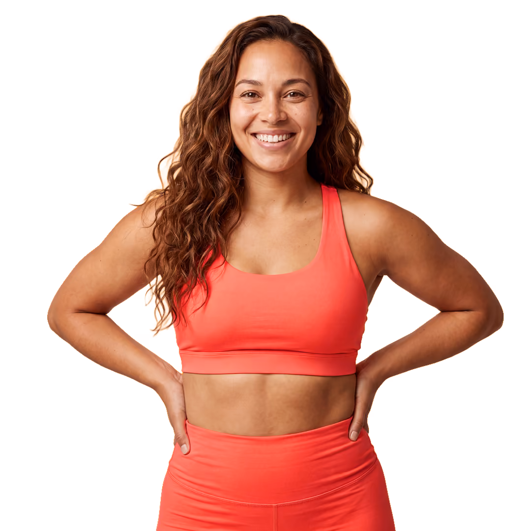 Person in coral sportswear holding an orange pouch of Natuvera Digestive Enzymes + Gut Complex supplement.