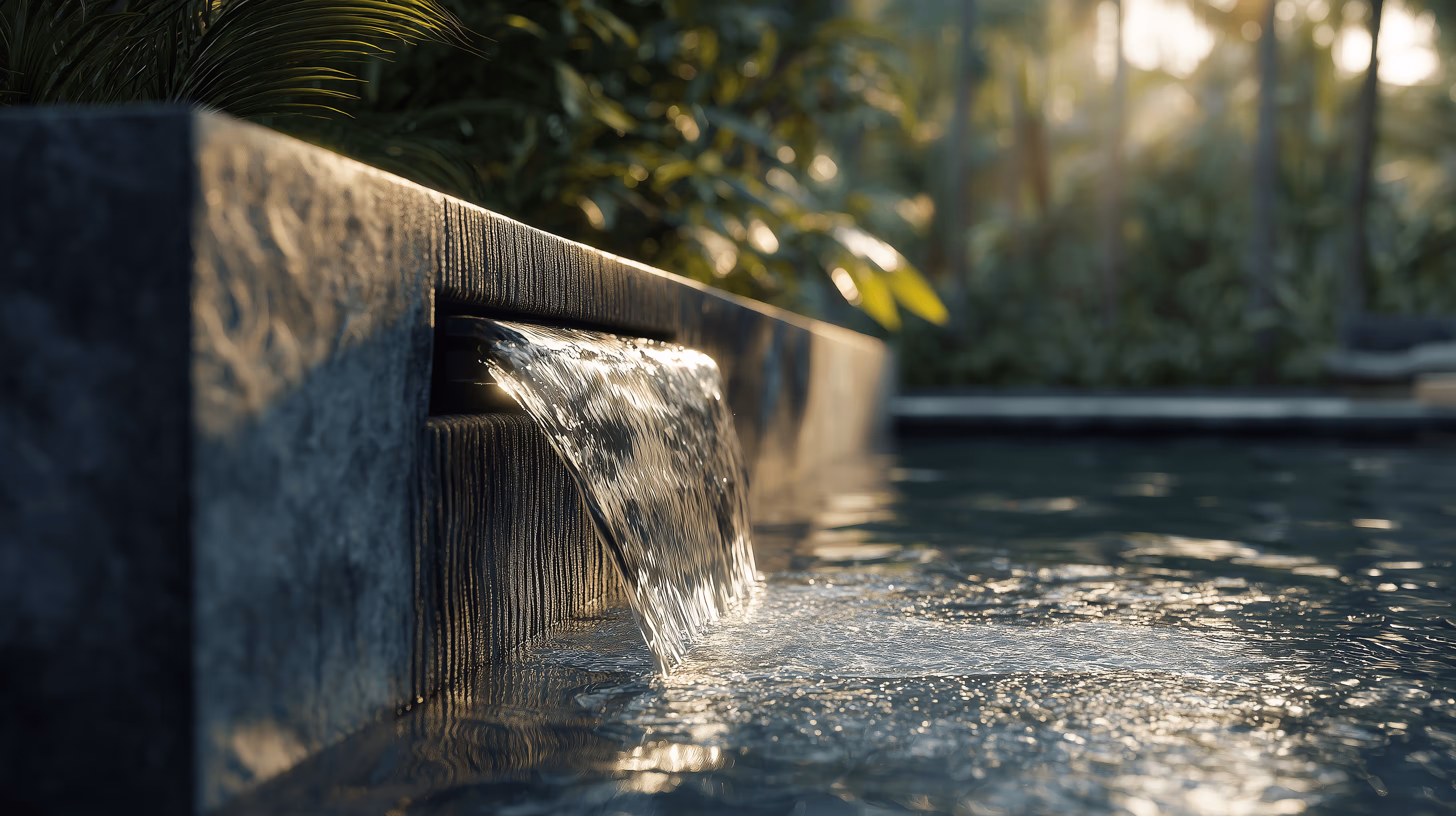 Water flowing from a rectangular spout into a pool with trees and plants in the background at sunset.